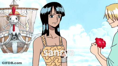 A Cartoon Of A Man Giving A Rose To A Woman With The Word Sanrya On The Bottom Right GIF