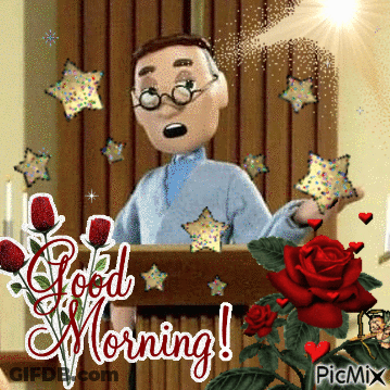 A Cartoon Of A Man Giving A Speech With The Words Good Morning On The Bottom GIF