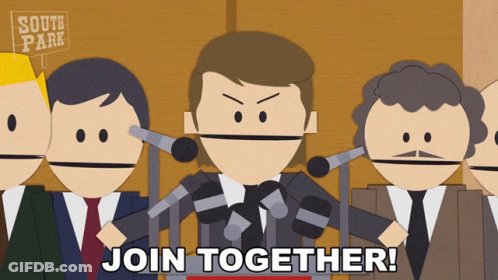 A Cartoon Of A Man Giving A Speech With The Words Join Together Below Him GIF