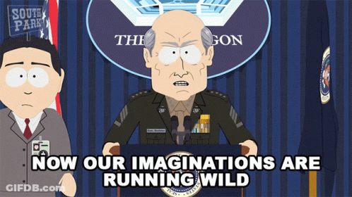 A Cartoon Of A Man Giving A Speech With The Words Now Our Imaginations Are Running Wild Below Him GIF