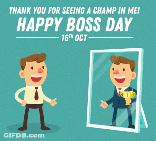 A Cartoon Of A Man Giving A Thumbs Up While Looking At Himself In A Mirror For Boss Day GIF