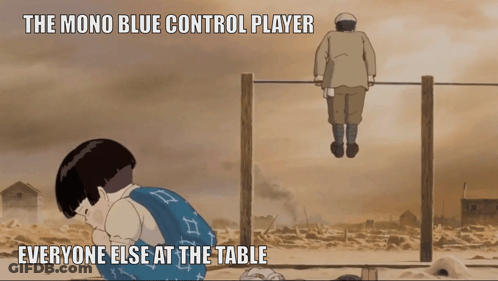 A Cartoon Of A Man Hanging From A Bar With The Caption " The Mono Blue Control Player Everyone Else At The Table " GIF