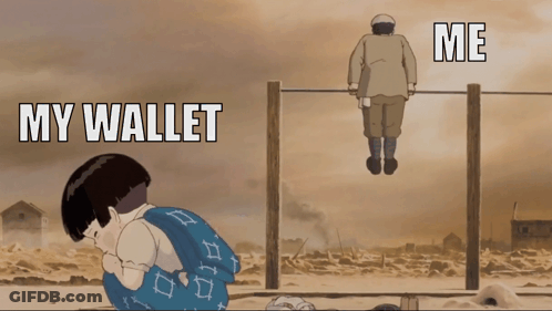 A Cartoon Of A Man Hanging From A Bar With The Words " My Wallet " On It GIF
