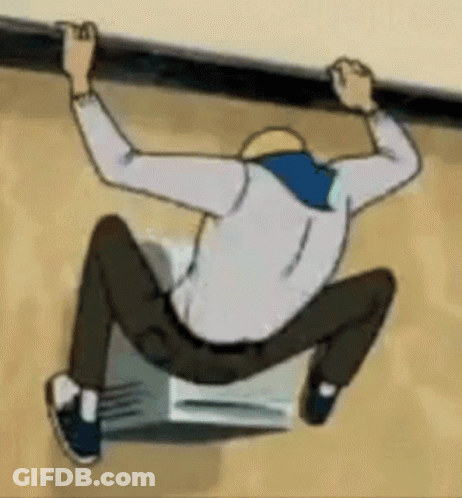 A Cartoon Of A Man Hanging On A Railing . GIF