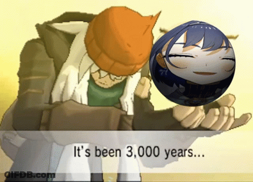 A Cartoon Of A Man Holding A Ball With The Words " It 'S Been 3,000 Years " GIF