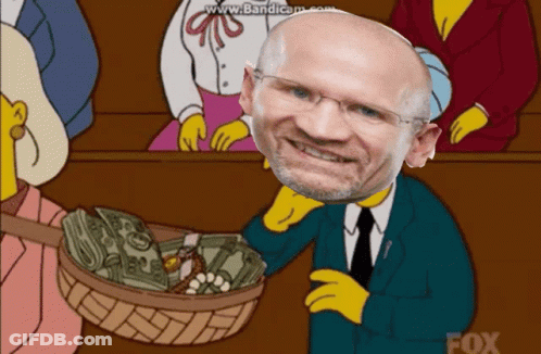 A Cartoon Of A Man Holding A Basket Of Money With A Fox Logo Behind Him GIF