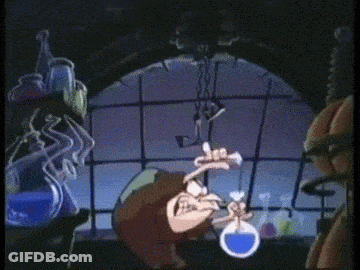 A Cartoon Of A Man Holding A Beaker In Front Of A Window With Ghosts Behind Him GIF