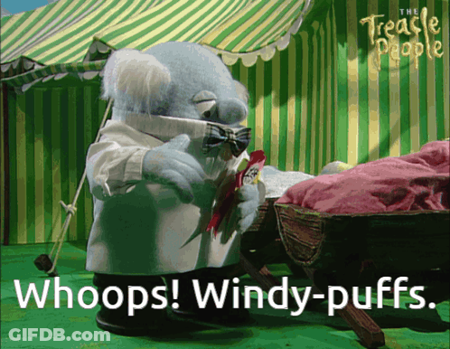 A Cartoon Of A Man Holding A Bird With The Words Whoops Windy-Puffs GIF