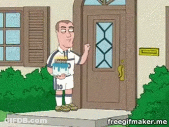 A Cartoon Of A Man Holding A Birthday Cake In Front Of A House GIF