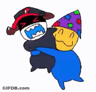 A Cartoon Of A Man Holding A Blue Pillow And A Yellow Smiley Face . GIF