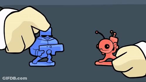 A Cartoon Of A Man Holding A Blue Toy Gun And A Red Toy GIF