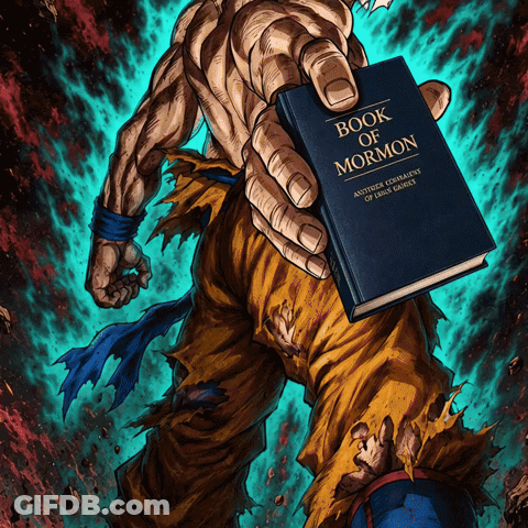 A Cartoon Of A Man Holding A Book Called Book Of Mormon GIF
