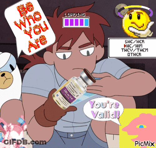 A Cartoon Of A Man Holding A Bottle That Says ' You 'Re Valid ' On It GIF