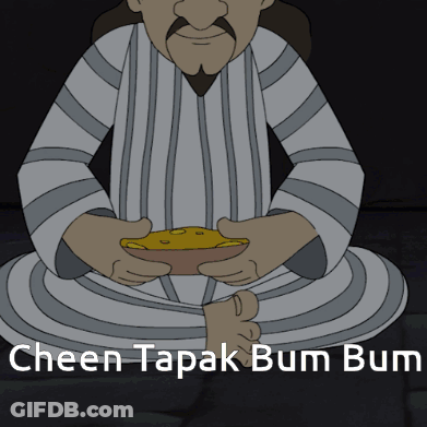 A Cartoon Of A Man Holding A Bowl Of Food With The Words Cheen Tapak Bum Bum Underneath Him GIF