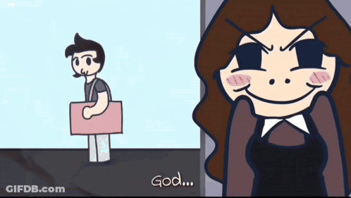 A Cartoon Of A Man Holding A Box And A Woman Saying " God " GIF