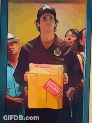A Cartoon Of A Man Holding A Box With A Sticker That Says ' Priority Mail ' On It GIF