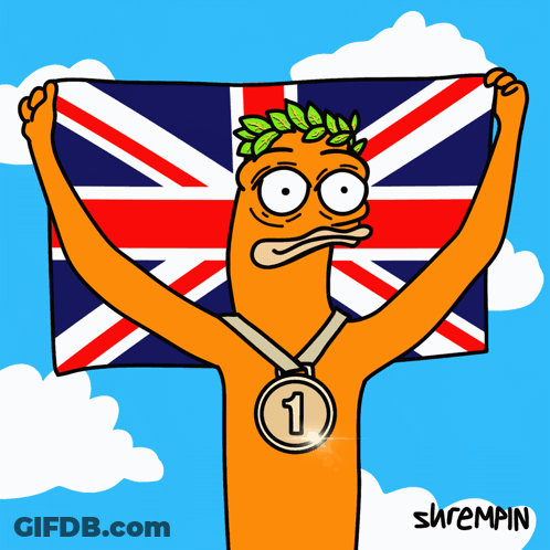 A Cartoon Of A Man Holding A British Flag And Wearing A Medal With The Number 1 GIF