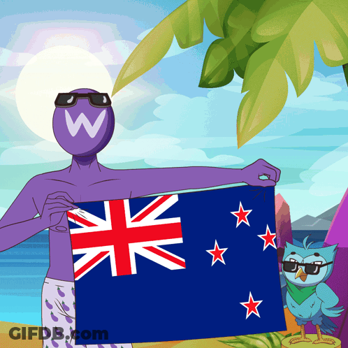 A Cartoon Of A Man Holding A British Flag With An Owl Behind Him GIF