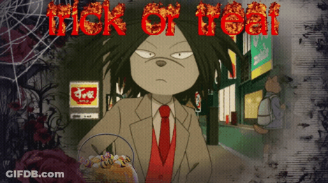 A Cartoon Of A Man Holding A Bucket Of Candy With The Words Trick Or Treat Written Above Him GIF
