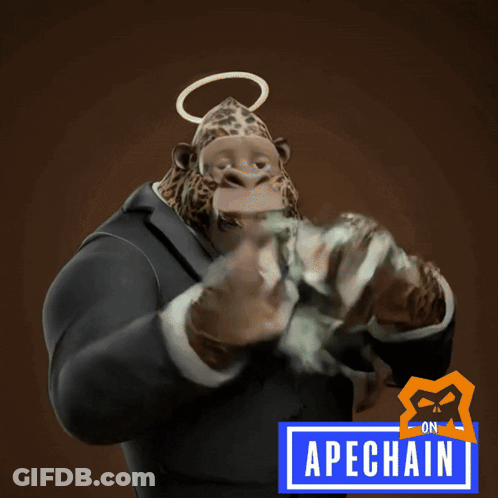 Cartoon Man Holding Money Next To Apechain Sign GIF
