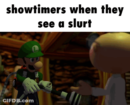 A Cartoon Of A Man Holding A Camera With The Caption Showtimers When They See A Slut GIF
