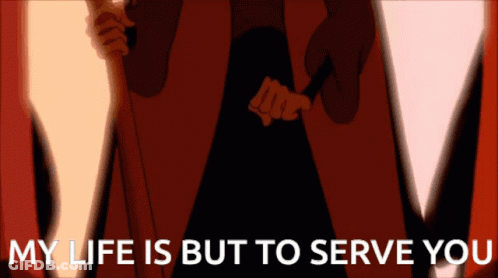 A Cartoon Of A Man Holding A Cane With The Words " My Life Is But To Serve You " Below Him GIF