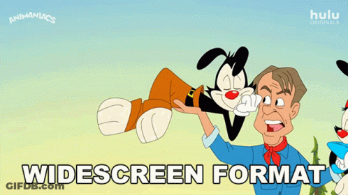 A Cartoon Of A Man Holding A Cartoon Character With The Words " Widescreen Format " Below It GIF