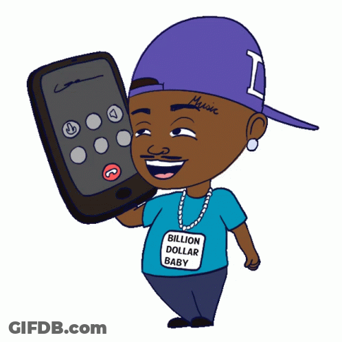 A Cartoon Of A Man Holding A Cell Phone And Wearing A Blue Shirt That Says Billion Dollar Baby GIF