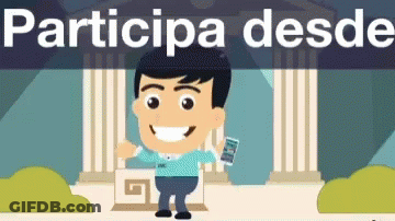 A Cartoon Of A Man Holding A Cell Phone In Front Of A Building That Says Participa Desdo GIF