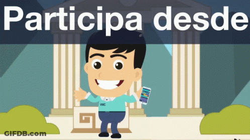 A Cartoon Of A Man Holding A Cell Phone With The Words Participa Desde Above Him GIF