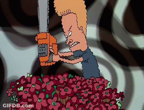 A Cartoon Of A Man Holding A Chainsaw Over A Bunch Of Flowers GIF