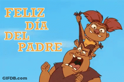 A Cartoon Of A Man Holding A Child On His Shoulders With The Words Feliz Dia Del Padre GIF