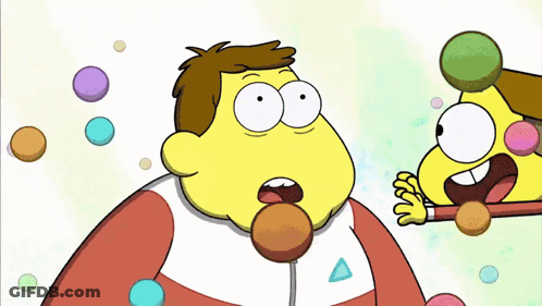 Cartoon Man Holding Child Surrounded By Candies GIF