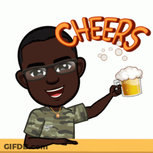 A Cartoon Of A Man Holding A Cup Of Beer With The Word Cheers Above Him GIF