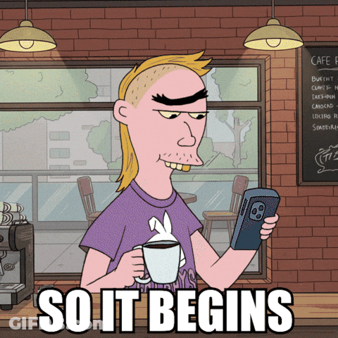 A Cartoon Of A Man Holding A Cup Of Coffee And Looking At His Phone With The Words So It Begins Below Him GIF