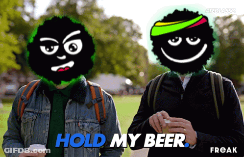 A Cartoon Of A Man Holding A Cup Of Coffee With The Words Hold My Beer Freak GIF