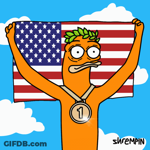 A Cartoon Of A Man Holding A Flag And A Medal With The Number 1 On It GIF