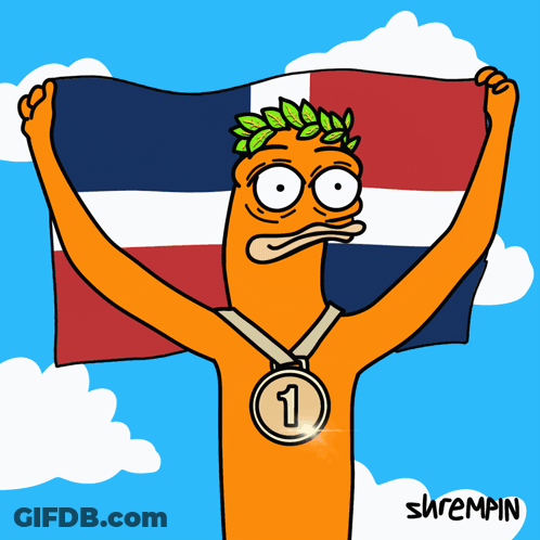 A Cartoon Of A Man Holding A Flag And A Medal With The Number One On It GIF