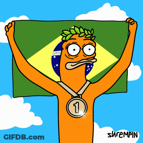 A Cartoon Of A Man Holding A Flag And A Medal With The Number One On It GIF