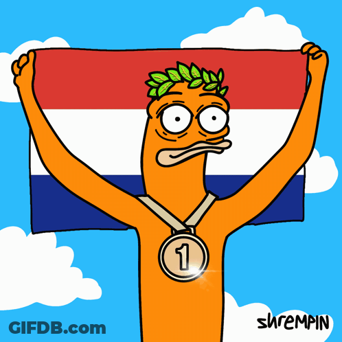 A Cartoon Of A Man Holding A Flag And A Medal With The Number One On It GIF