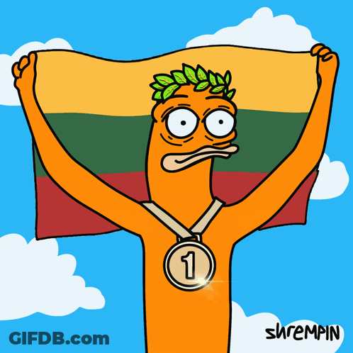 A Cartoon Of A Man Holding A Flag And A Medal With The Number One On It GIF