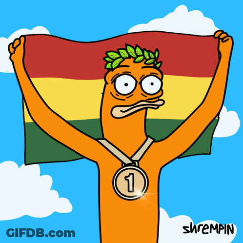 A Cartoon Of A Man Holding A Flag And Wearing A Medal With The Number 1 GIF