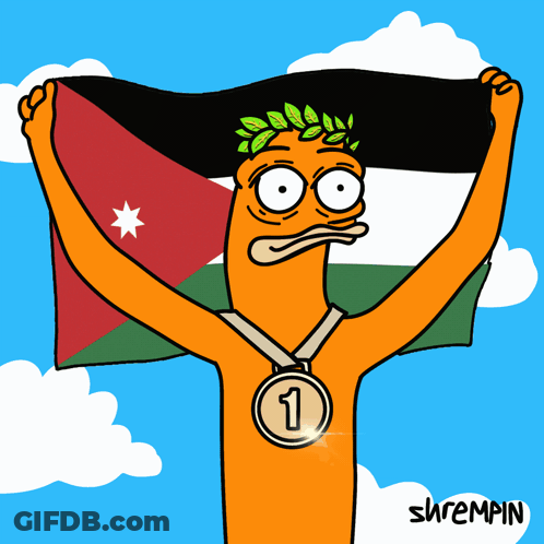 A Cartoon Of A Man Holding A Flag And Wearing A Medal With The Number 1 GIF