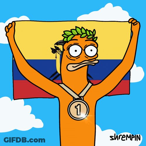 A Cartoon Of A Man Holding A Flag And Wearing A Medal With The Number 1 On It GIF
