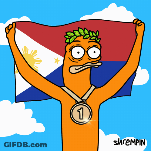 A Cartoon Of A Man Holding A Flag And Wearing A Medal With The Number 1 On It GIF
