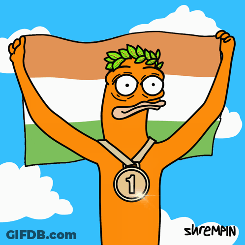 A Cartoon Of A Man Holding A Flag With A Medal Around His Neck That Says 2 GIF