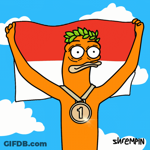 A Cartoon Of A Man Holding A Flag With A Medal Around His Neck That Says 3 GIF