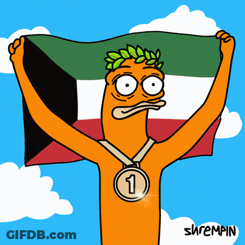 A Cartoon Of A Man Holding A Flag With A Medal Around His Neck With The Number 3 On It GIF