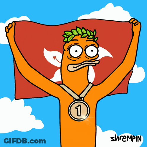 A Cartoon Of A Man Holding A Flag With A Medal Around His Neck With The Number 3 On It GIF