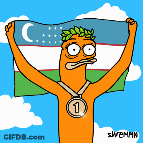 A Cartoon Of A Man Holding A Flag With A Medal Around His Neck With The Number 3 On It GIF